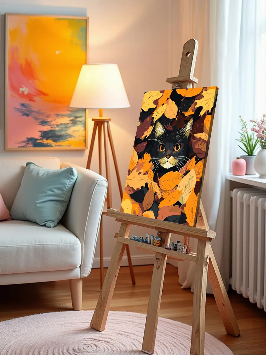 Картина по номерам «Осень: черный кот в осенних листьях» — картинка 10