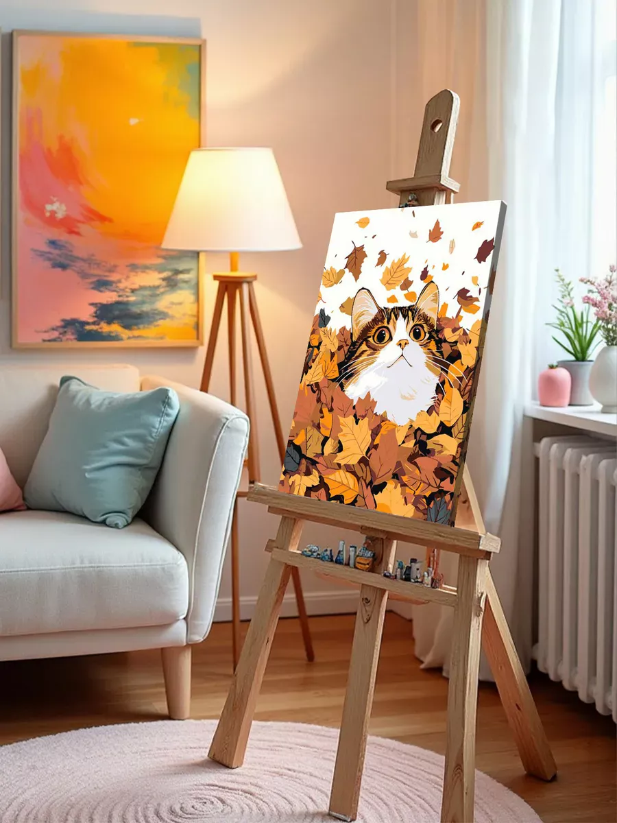 Картина по номерам «Осень: удивленный кот в осенних листьях» — картинка 10