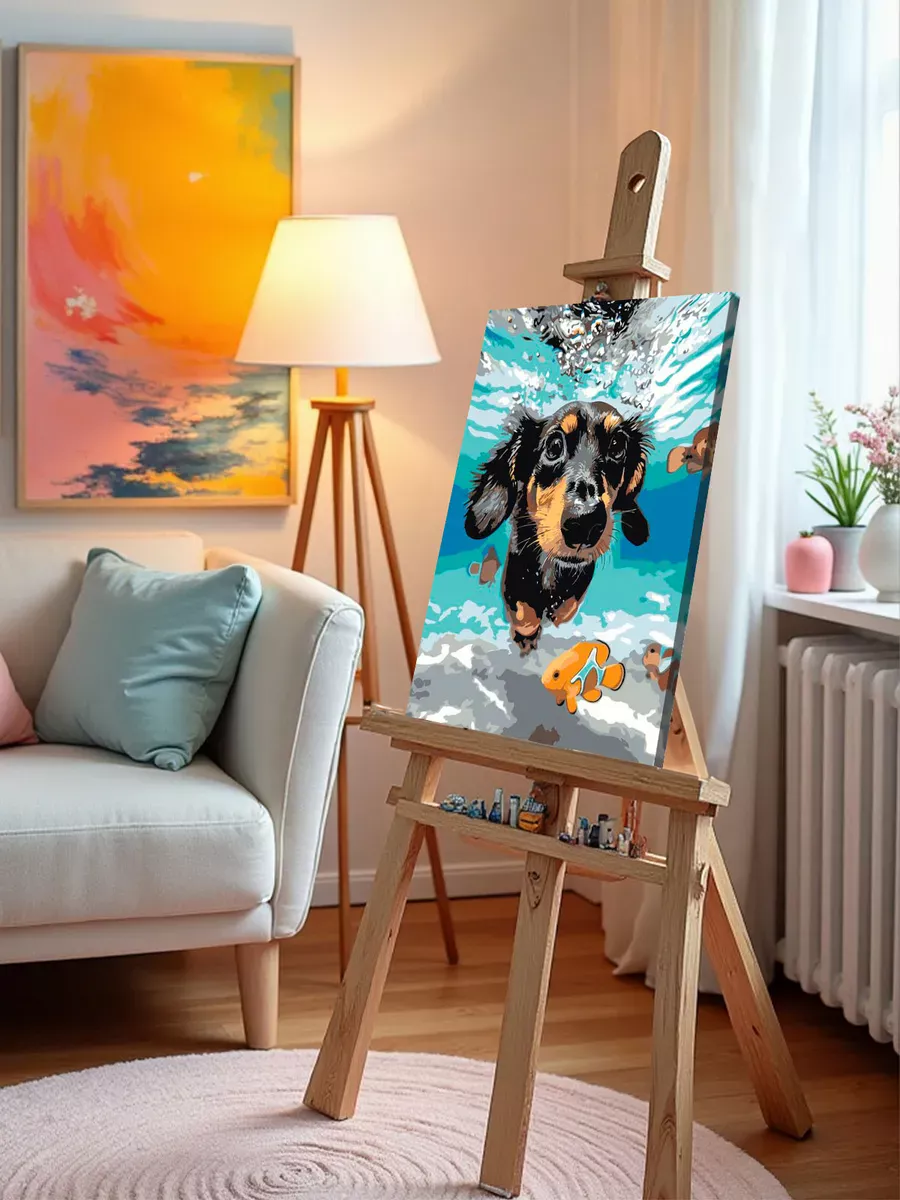 Картина по номерам «Собаки: такса плавает под водой 40х50» — картинка 9