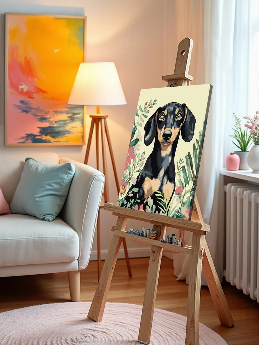 Картина по номерам «Собаки: такса в цветах арт 40х50» — картинка 9