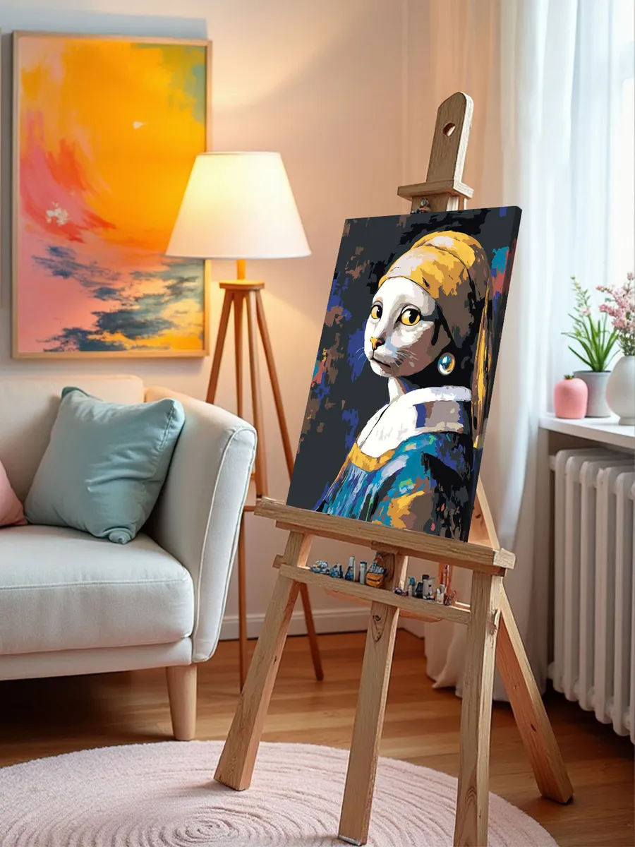 Картина по номерам «Девушка с жемчужной сережкой, кошка арт» — картинка 9