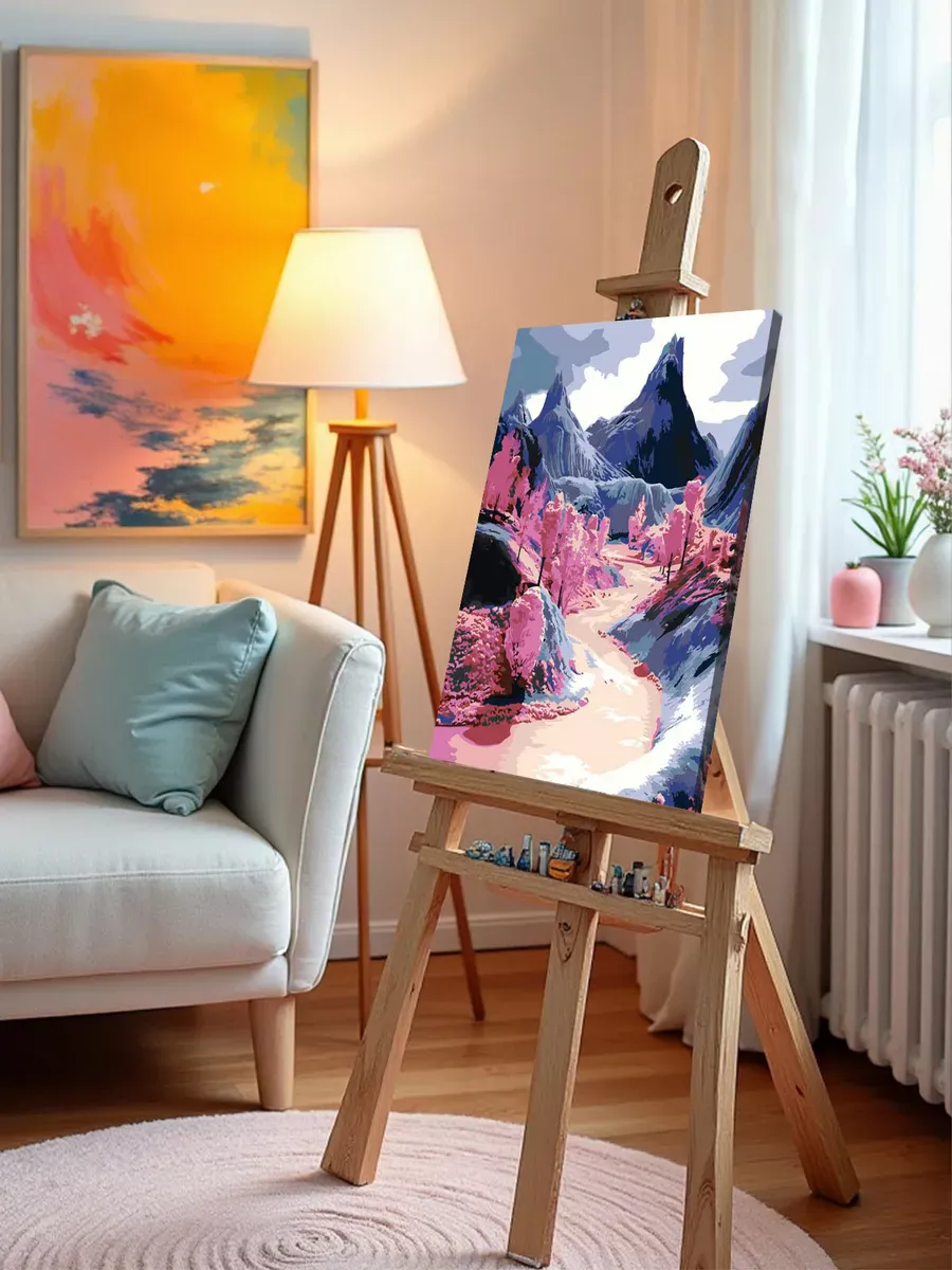 Картина по номерам «Розовая: ручей с деревьями в горах, пейзаж» — картинка 10