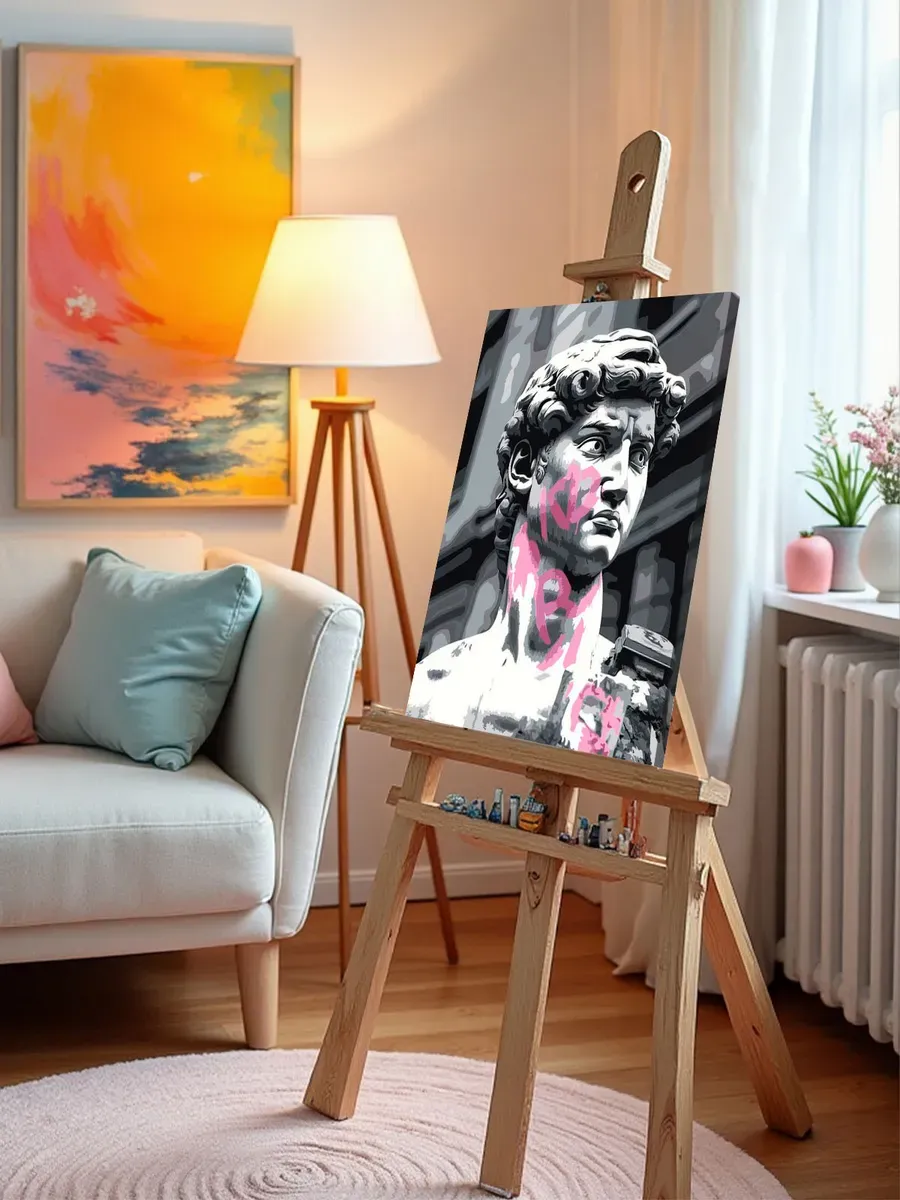 Картина по номерам «Розовая: статуя Давид с граффити, чб» — картинка 9