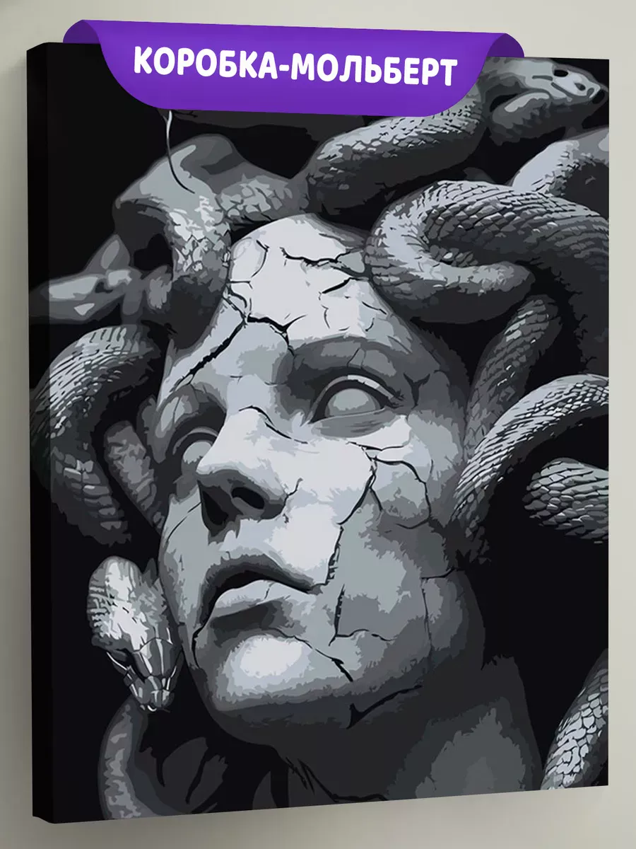 Картина по номерам «Медуза горгона, статуя и змеи чб 40x50»