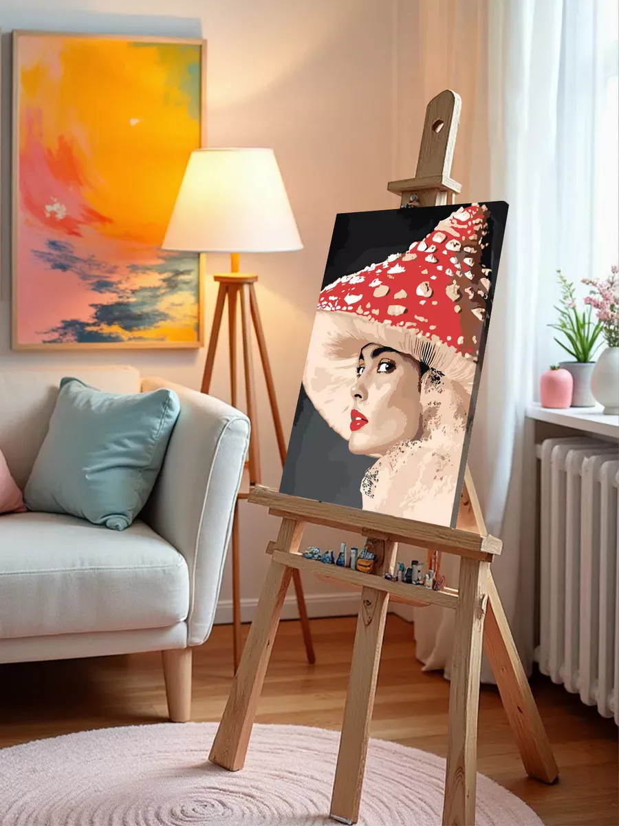 Картина по номерам «Портрет девушки и шляпа-гриб, fashion» — картинка 10