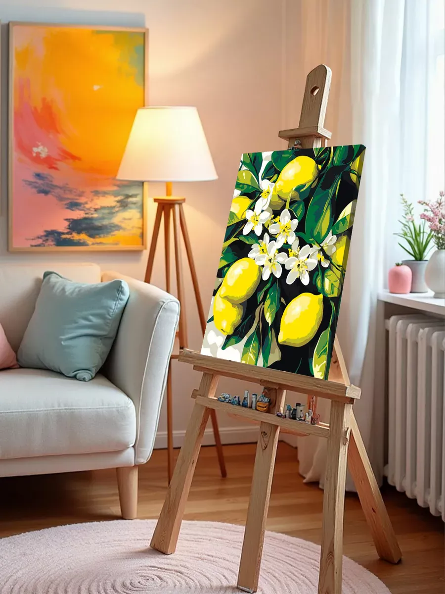 Картина по номерам «Зеленая ветка с лимонами и цветами» — картинка 10