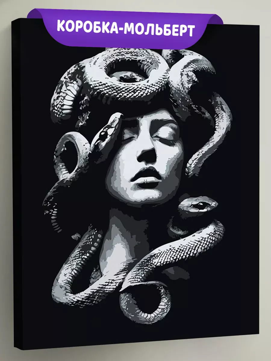 Картина по номерам «Медуза горгона, статуя и змеи чб 40x50»