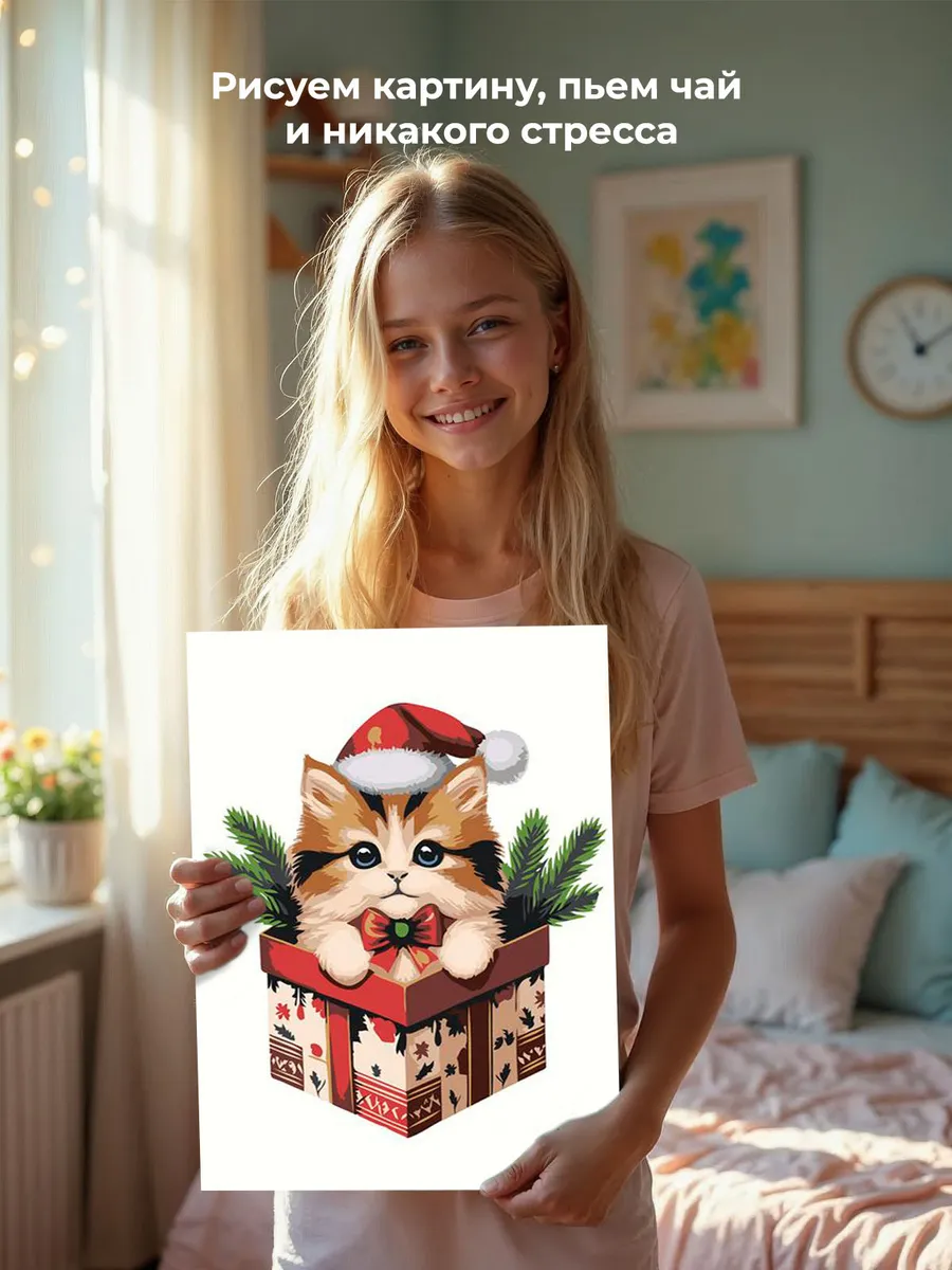 Картина по номерам «Детская, для детей: новогодний котенок» — картинка 6