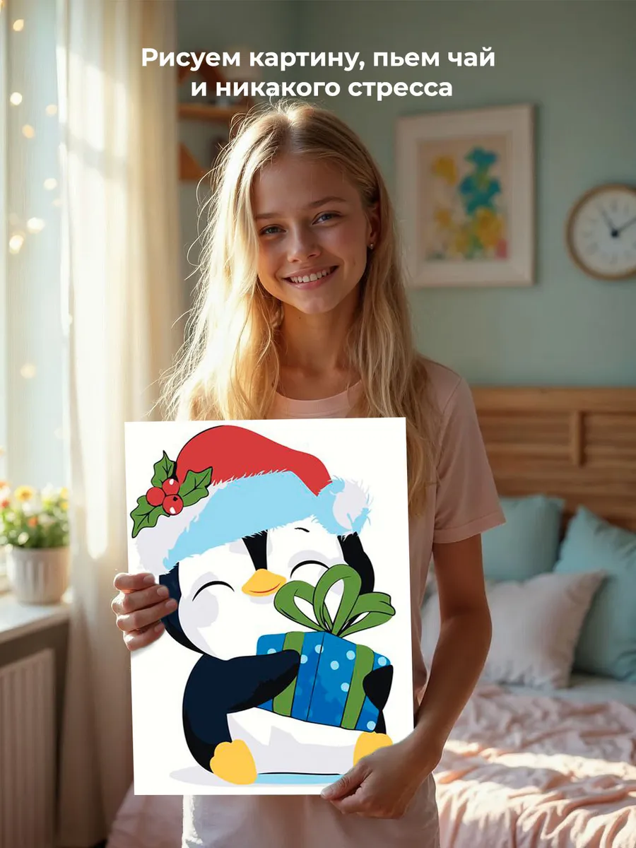 Картина по номерам «Детская, для детей: новогодний пингвин» — картинка 6