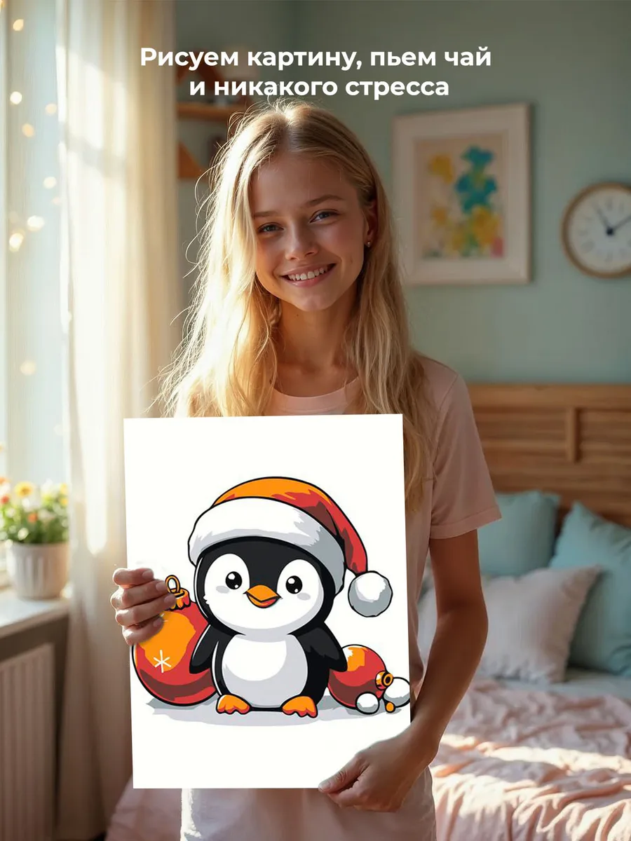 Картина по номерам «Детская, для детей: новогодний пингвин» — картинка 6