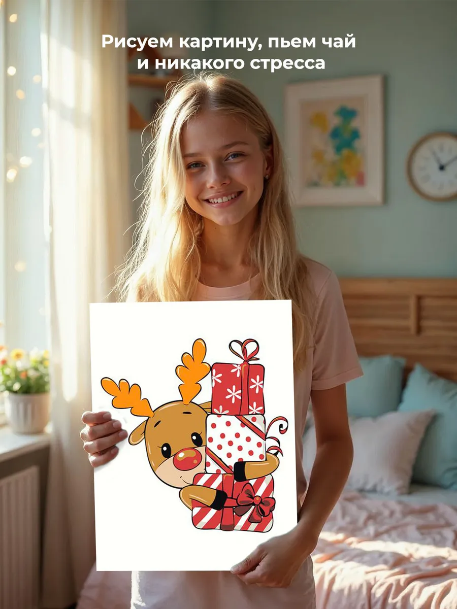 Картина по номерам «Детская, для детей: олень с подарками» — картинка 6