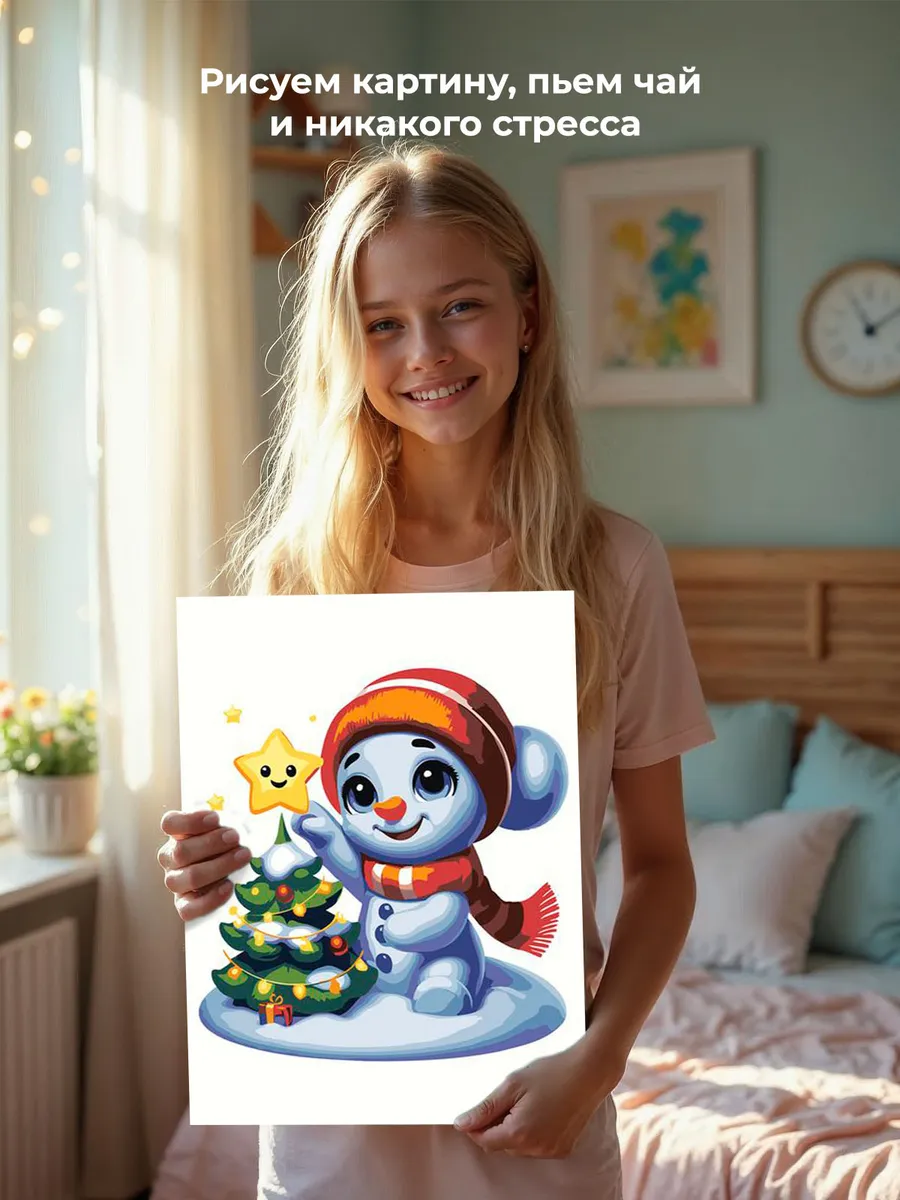 Картина по номерам «Детская, для детей: снеговик и ёлка» — картинка 7