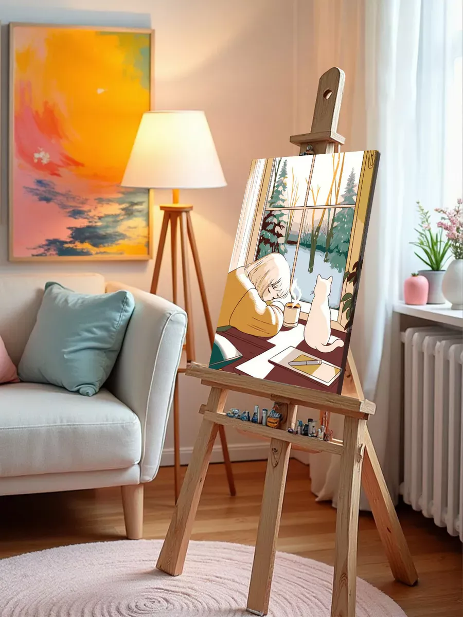 Картина по номерам «Зима: белый кот, девушка и снег, аниме» — картинка 9