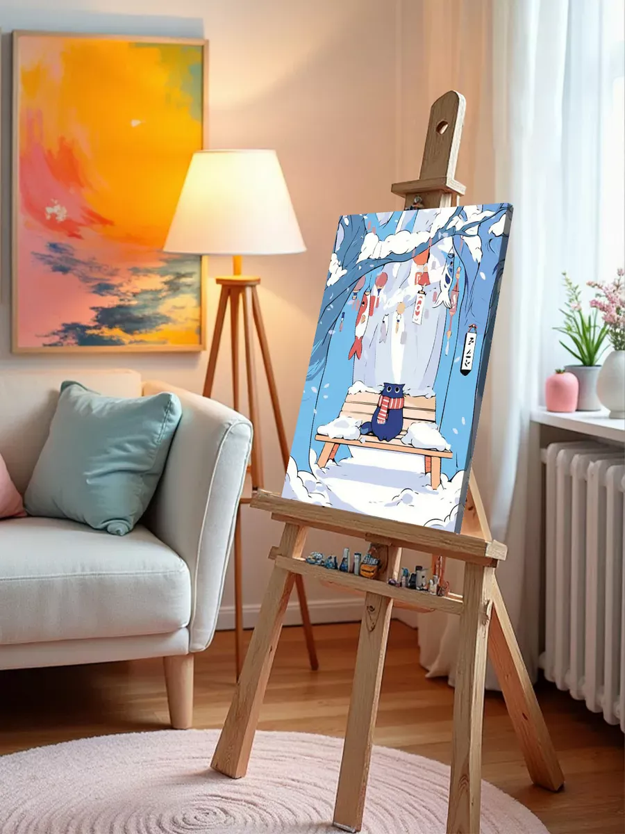 Картина по номерам «Зима: котик и рыбки, Япония, аниме арт» — картинка 9