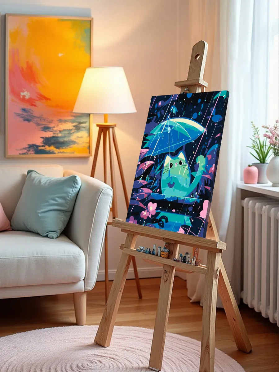 Картина по номерам «Котик с зонтом под дождем, неон арт» — картинка 9