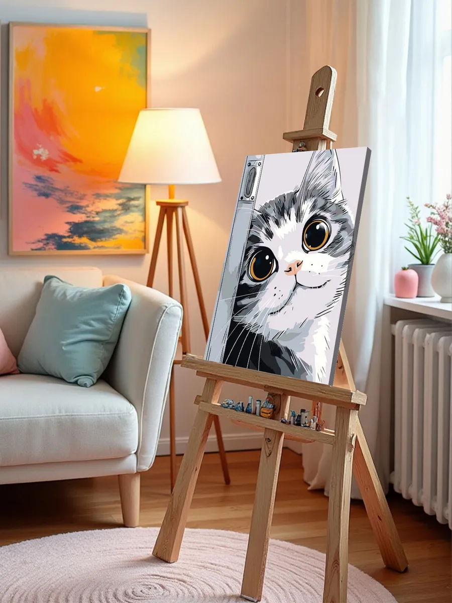 Картина по номерам «Кошки: милый серый котик улыбается» — картинка 10