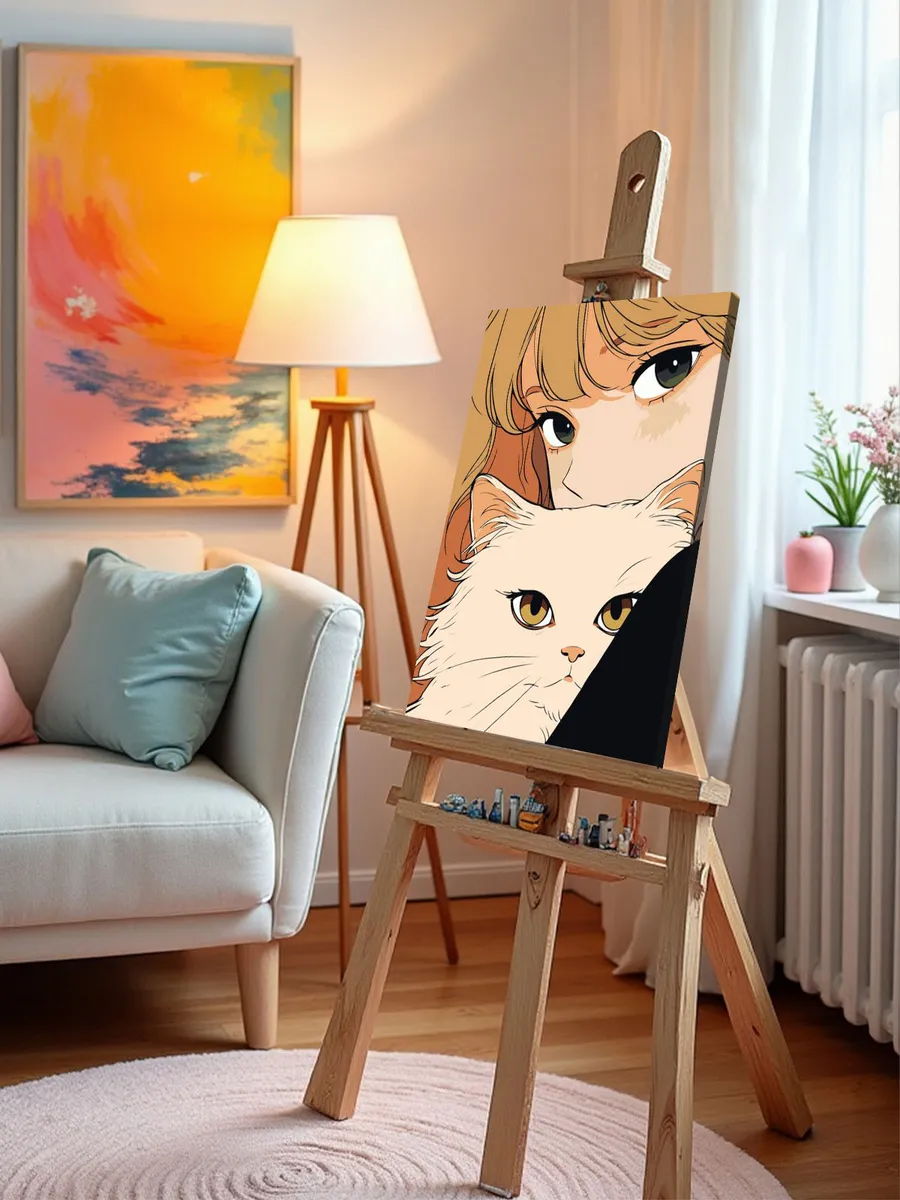 Картина по номерам «Девушка и пушистый кот, в стиле аниме» — картинка 9