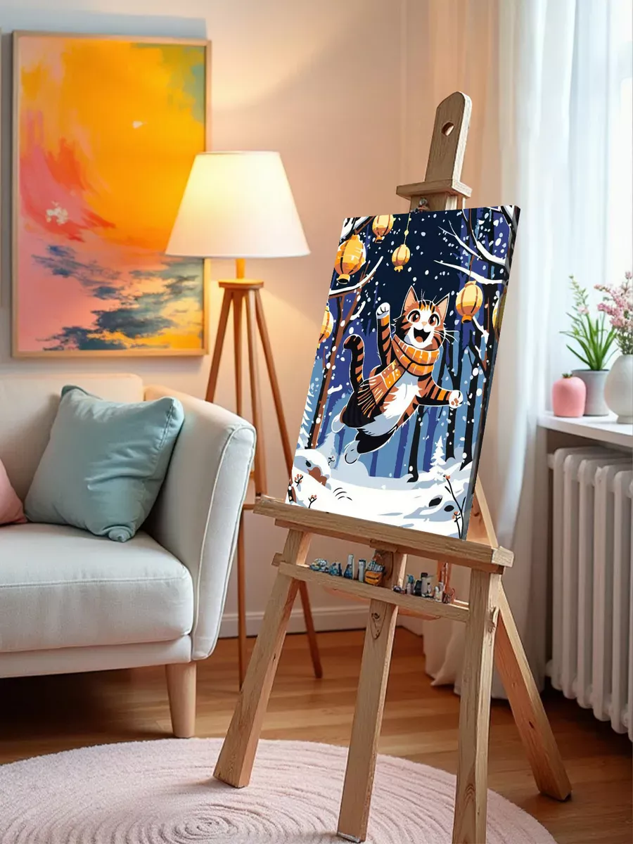 Картина по номерам «Зима: котик, снегопад и фонарики арт» — картинка 10