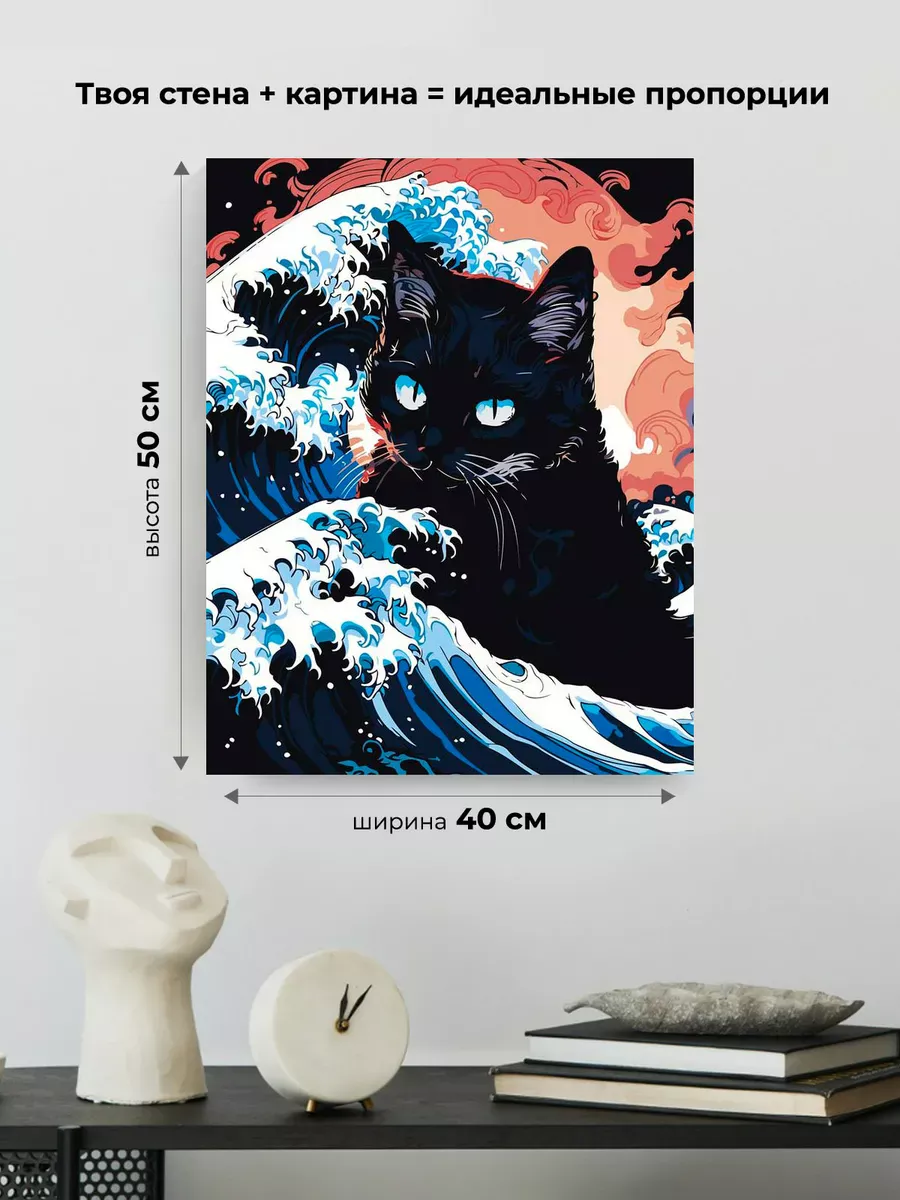 Картина по номерам «Коты и кошки: черный кот в море арт» — картинка 3
