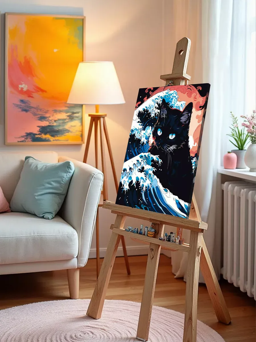 Картина по номерам «Коты и кошки: черный кот в море арт» — картинка 10