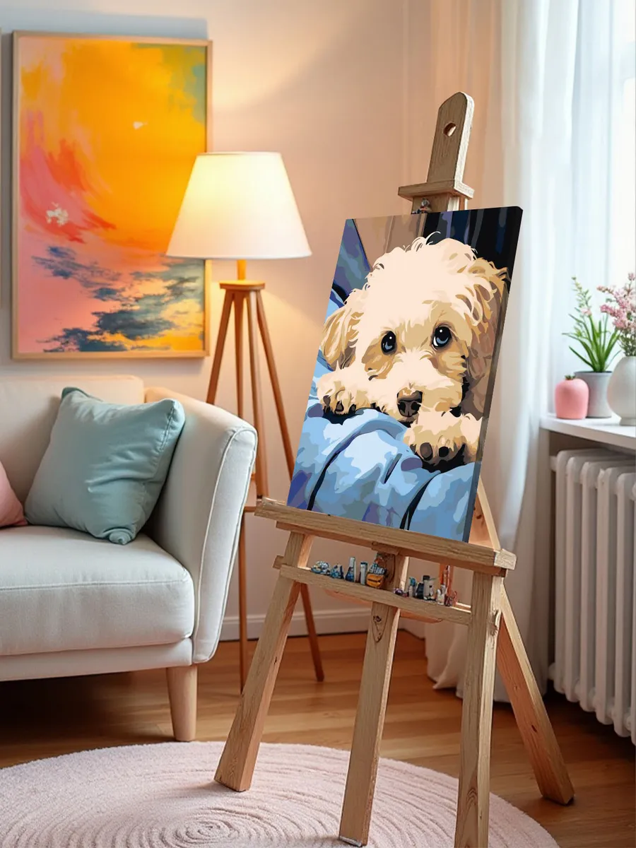 Картина по номерам «Собаки: бежевый щенок мальтипу на кровати» — картинка 10