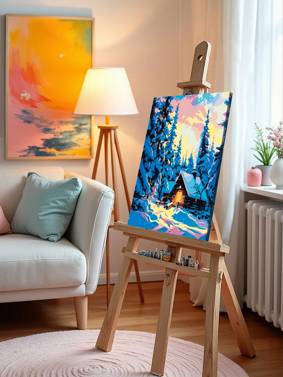 Картина по номерам «Зима: домик в заснеженном лесу, закат» — картинка 10