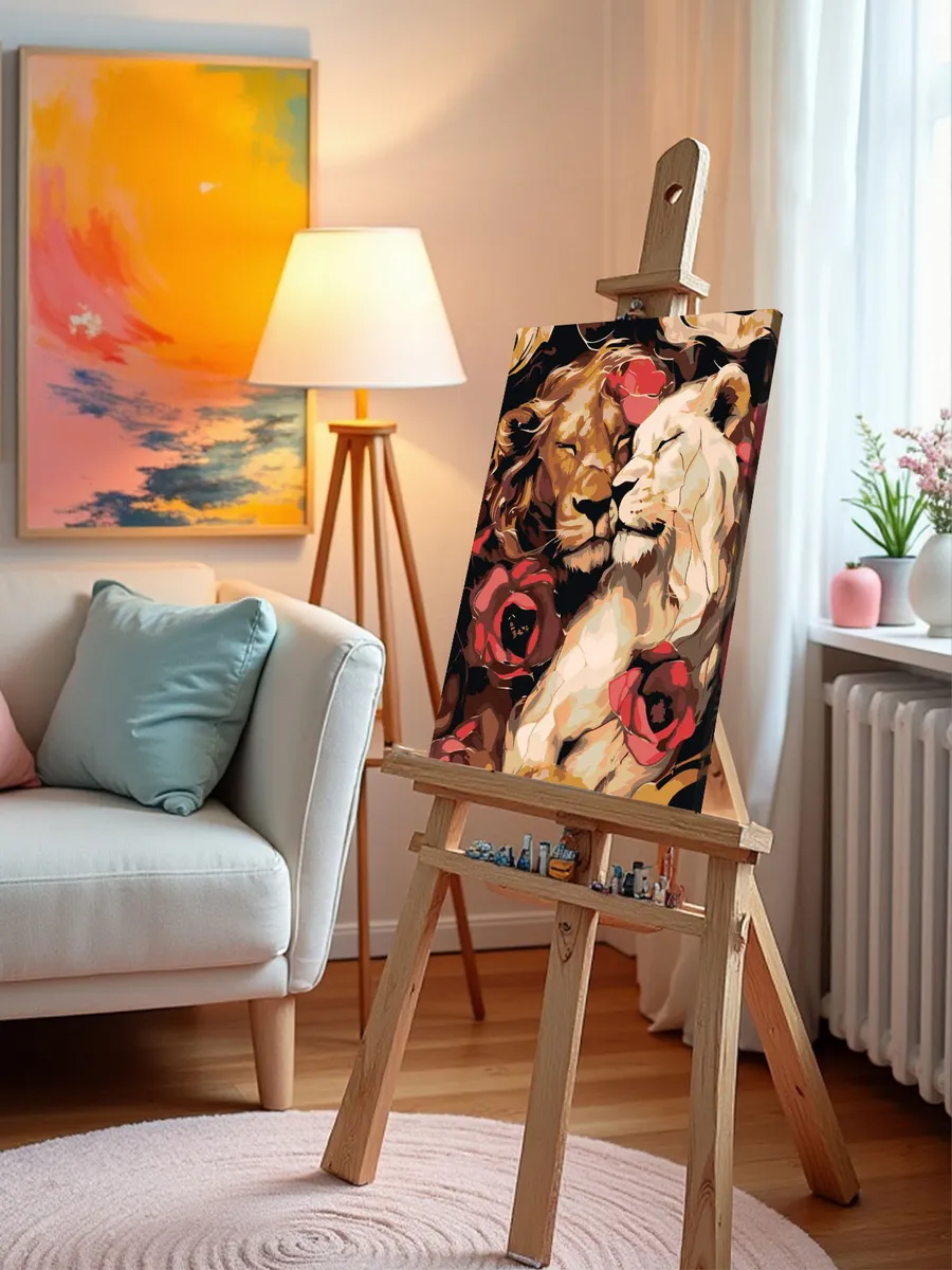 Картина по номерам «Животные: лев и львица, арт с цветами» — картинка 10