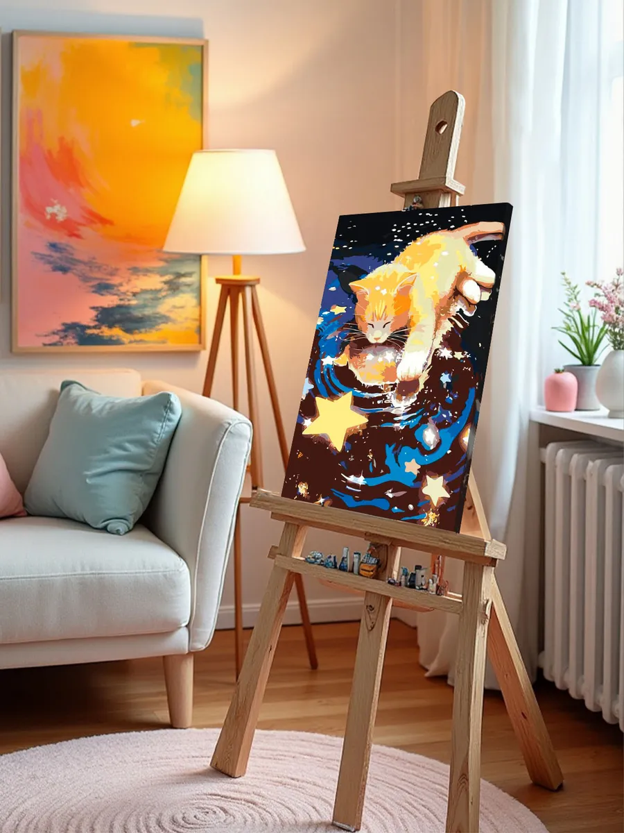 Картина по номерам «Коты и кошки: рыжий котенок и звезды» — картинка 9