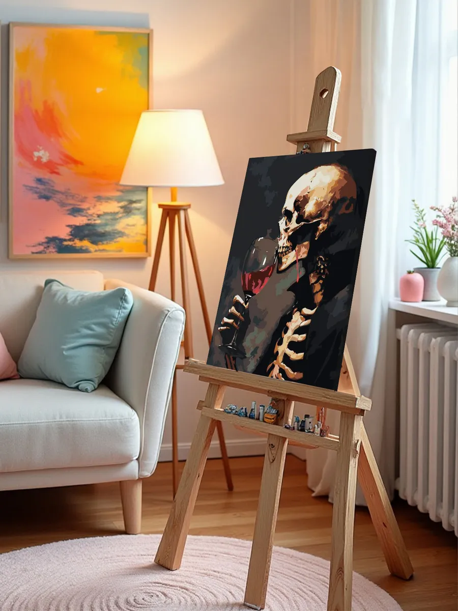 Картина по номерам «Скелет с бокалом красного вина, ужасы» — картинка 10