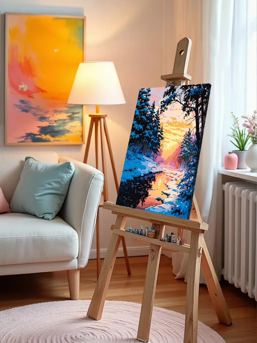 Картина по номерам «Зима: ручей в хвойном лесу, закат» — картинка 10