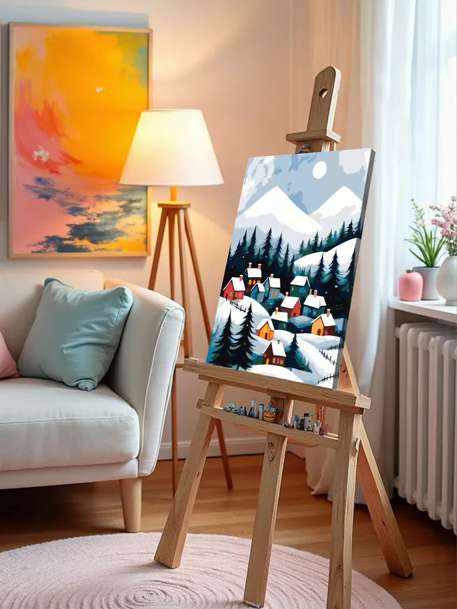 Картина по номерам «Зима: уютные домики в горах, ночь» — картинка 10