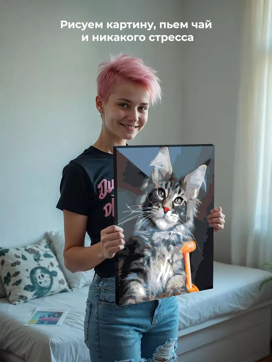 Картина по номерам «Коты и кошки: серый котик мейн-кун» — картинка 7