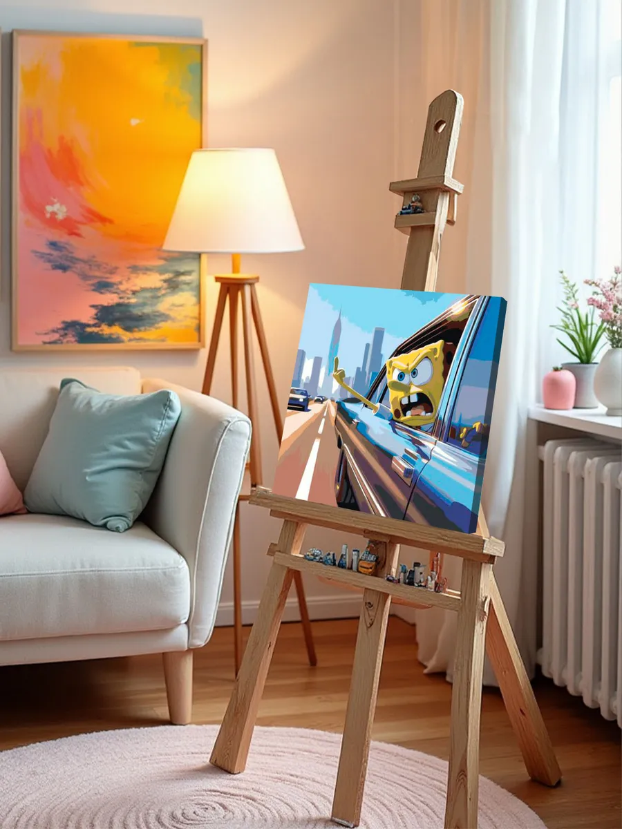 Картина по номерам «Губка Спанч Боб в машине, город арт» — картинка 9