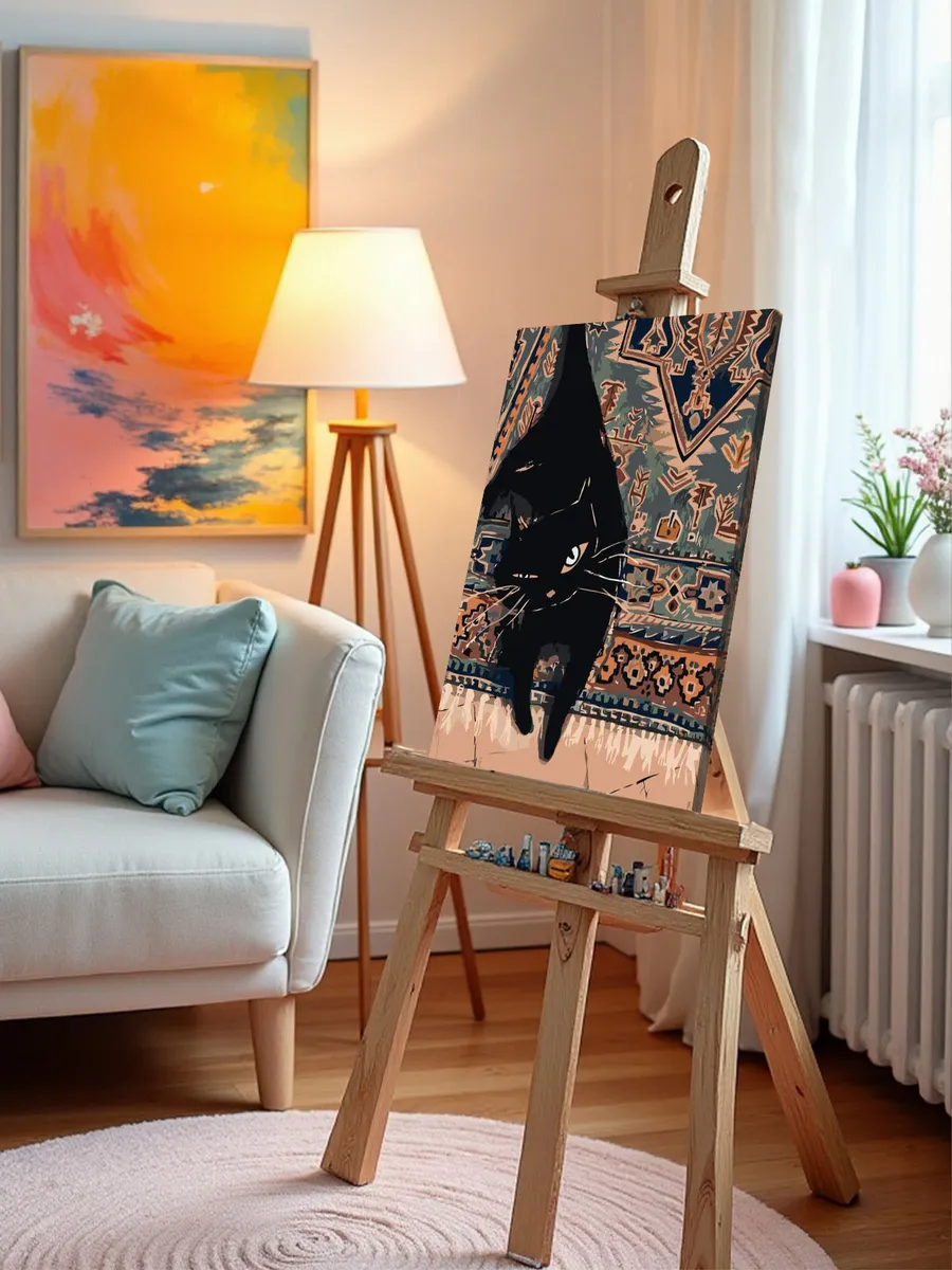 Картина по номерам «Коты и кошки: черный котик на ковре» — картинка 9