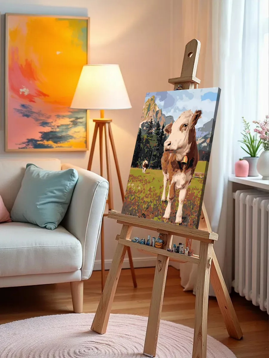 Картина по номерам «Животные: коровы на лугу, горы и лес» — картинка 10