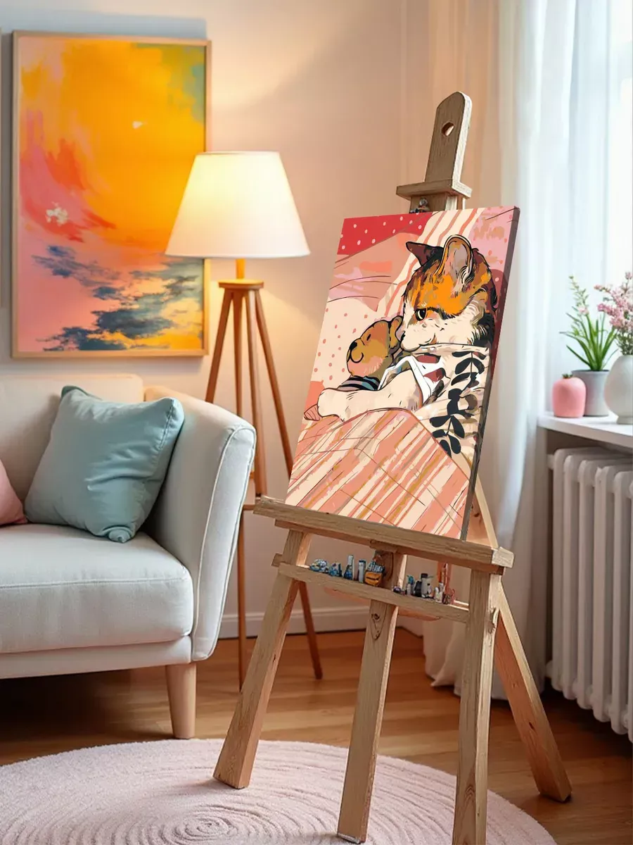 Картина по номерам «Коты и кошки: котик в кроватке с мишкой» — картинка 10