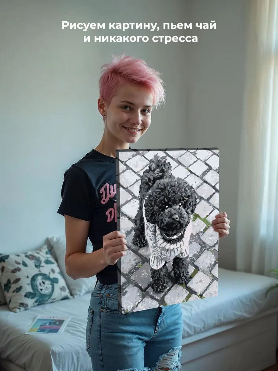 Картина по номерам «Собаки: черный той пудель на улице, чб» — картинка 6