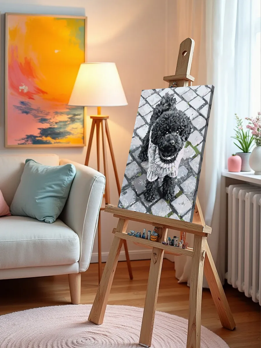 Картина по номерам «Собаки: черный той пудель на улице, чб» — картинка 9