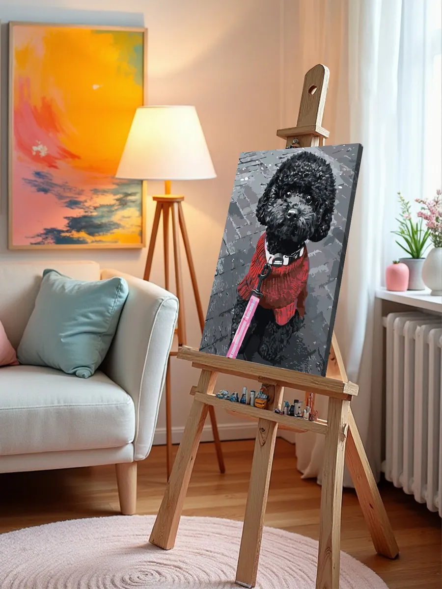 Картина по номерам «Собаки: черный той пудель на улице, чб» — картинка 9