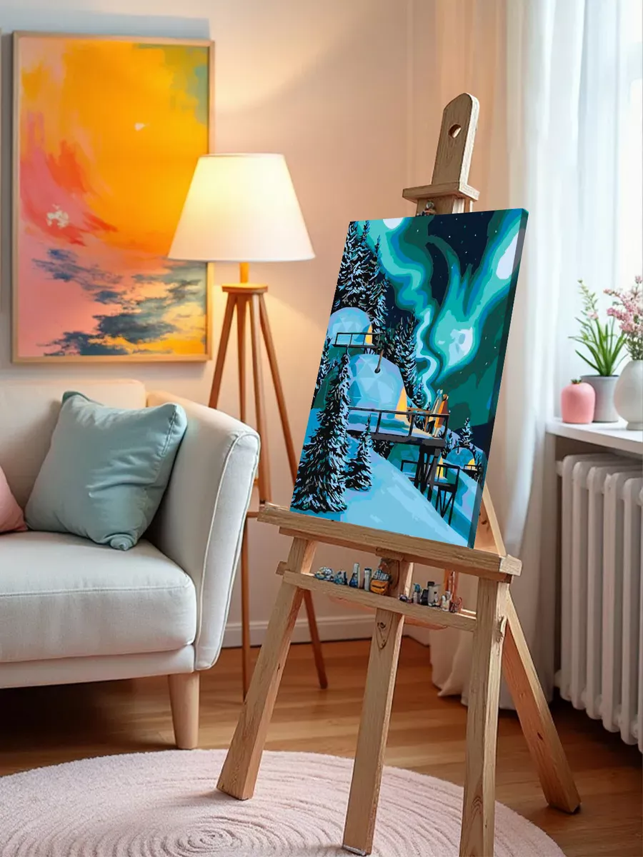 Картина по номерам «Романтика: северное сияние в лесу, зима» — картинка 10