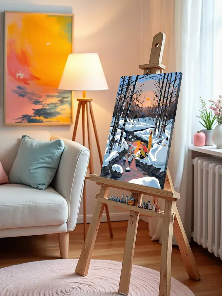 Картина по номерам «Весна: ручей с утками в снежном лесу» — картинка 10