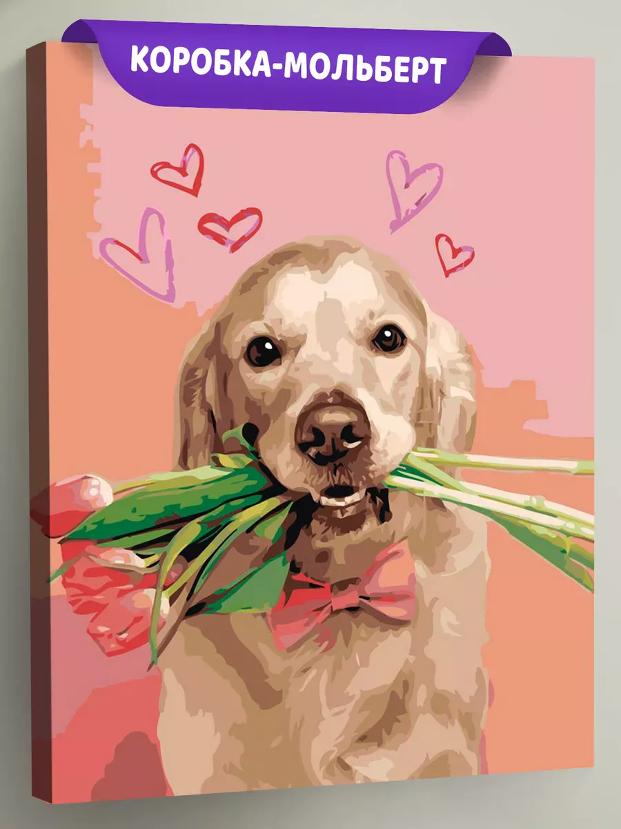 Картина по номерам «Собаки: ретривер и цветы тюльпаны, весна»