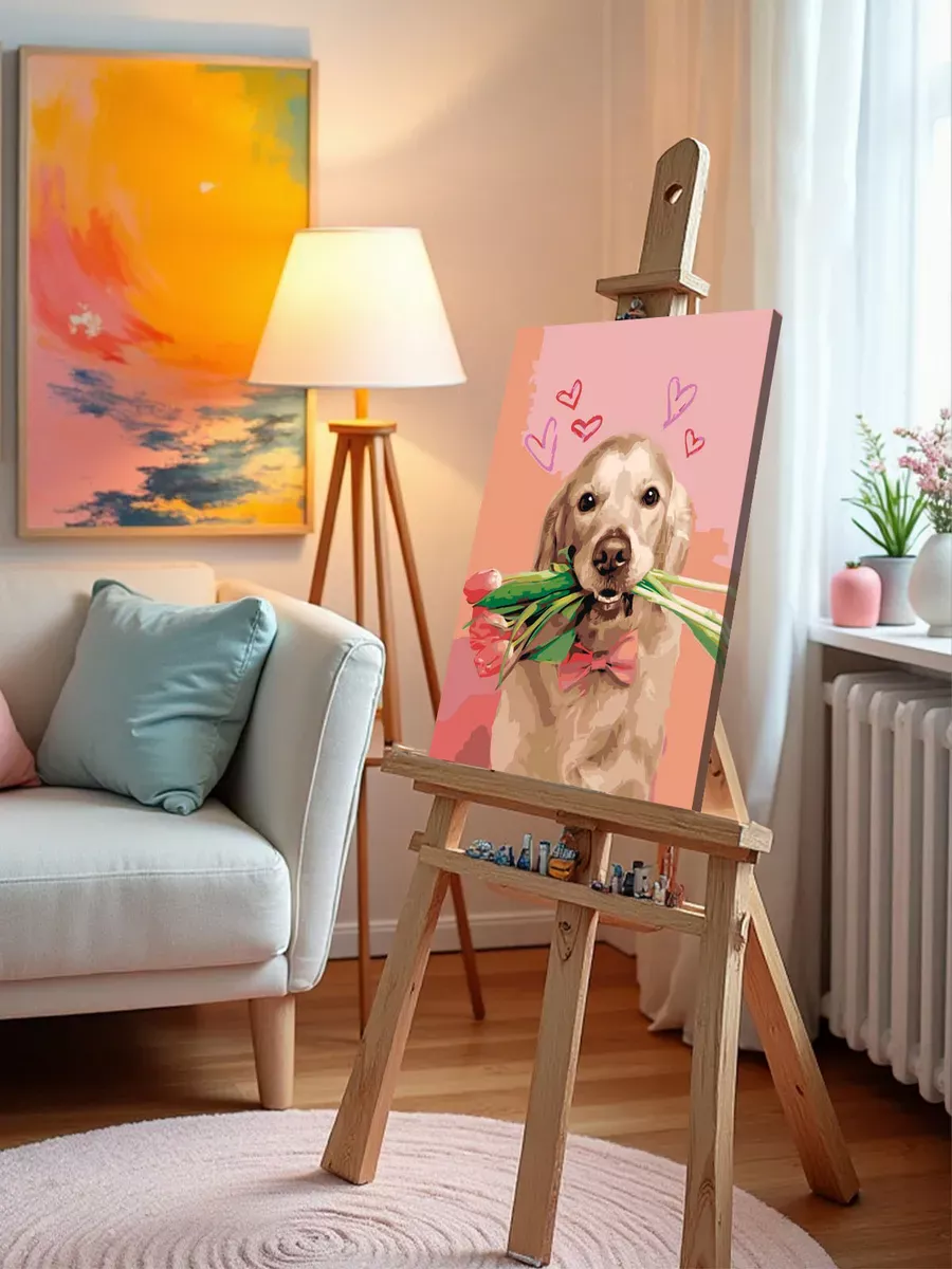 Картина по номерам «Собаки: ретривер и цветы тюльпаны, весна» — картинка 10