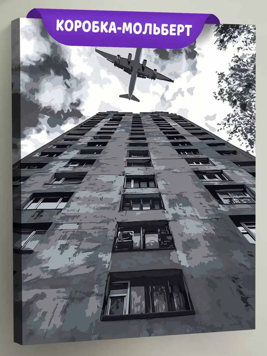 Картина по номерам «Панельки родные: самолет в небе, чб»