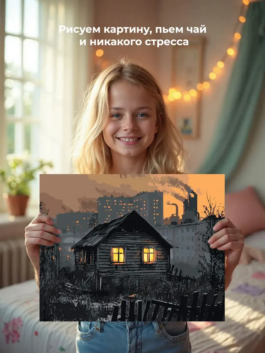 Картина по номерам «Панельки родные: избушка на фоне города» — картинка 6