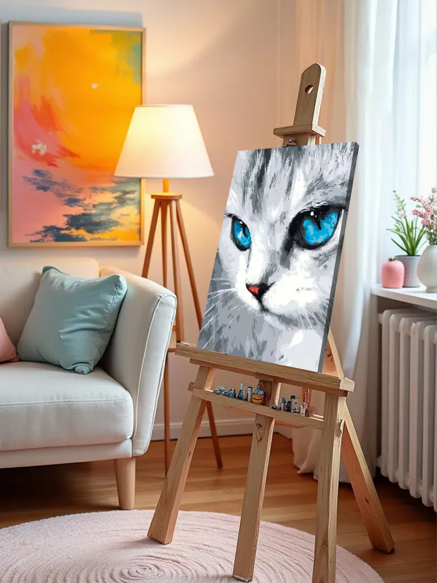 Картина по номерам «Кошки: серый котенок с голубыми глазами» — картинка 10