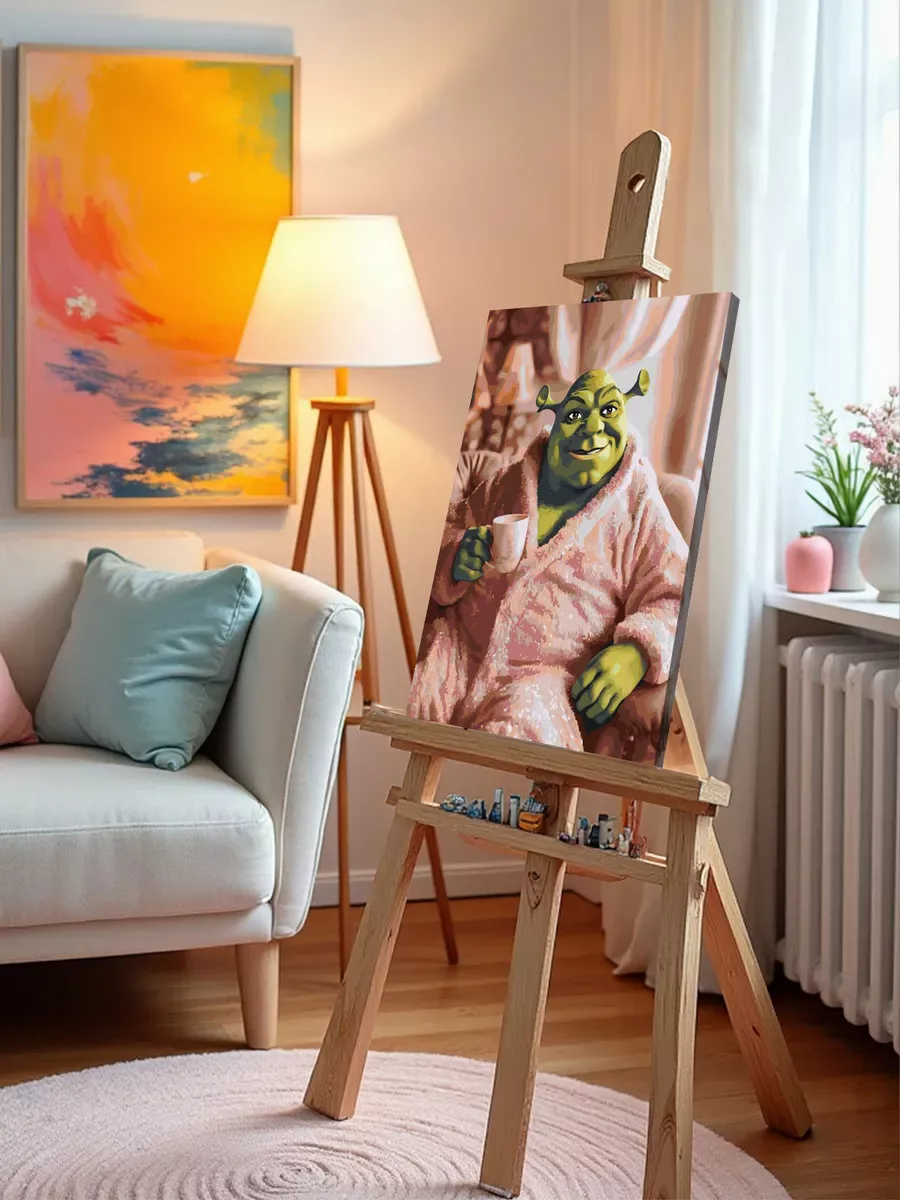 Картина по номерам «Шрек в розовом халате пьет кофе, арт» — картинка 10