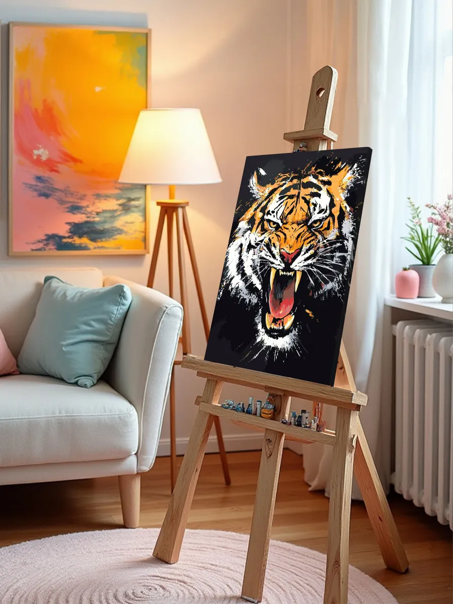 Картина по номерам «Животные: ревущий тигр арт, природа» — картинка 10