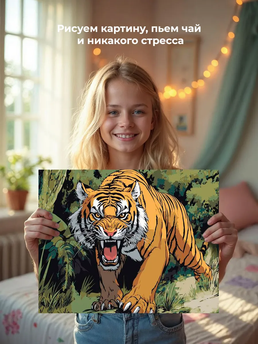 Картина по номерам «Животные: ревущий тигр в джунглях арт» — картинка 7