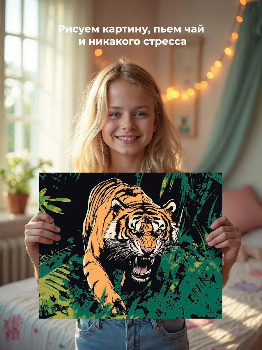 Картина по номерам «Животные: ревущий тигр в джунглях арт» — картинка 7